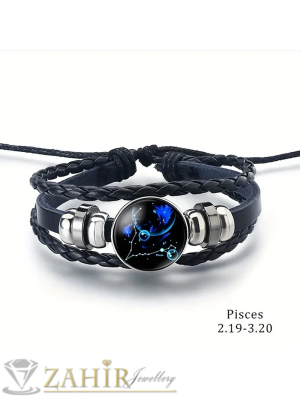 АМУЛЕТ Гривна със СЪЗВЕЗДИЕ РИБИ – овална метална плочка 1,8 см, естествена черна кожа и регулируема дължина за перфектно прилягане- ZG1223